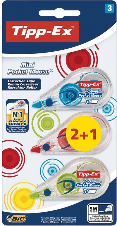 Tipp-ex rouleau correcteur mini poche souris mode, blister 2 + 1 offert