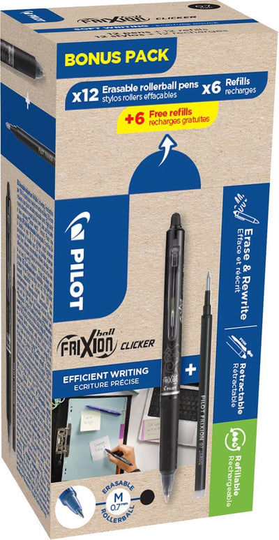 Clicker de boule de frixion pilote | 12 rouleaux et 6+6 recharges 0 | 7mm | noir