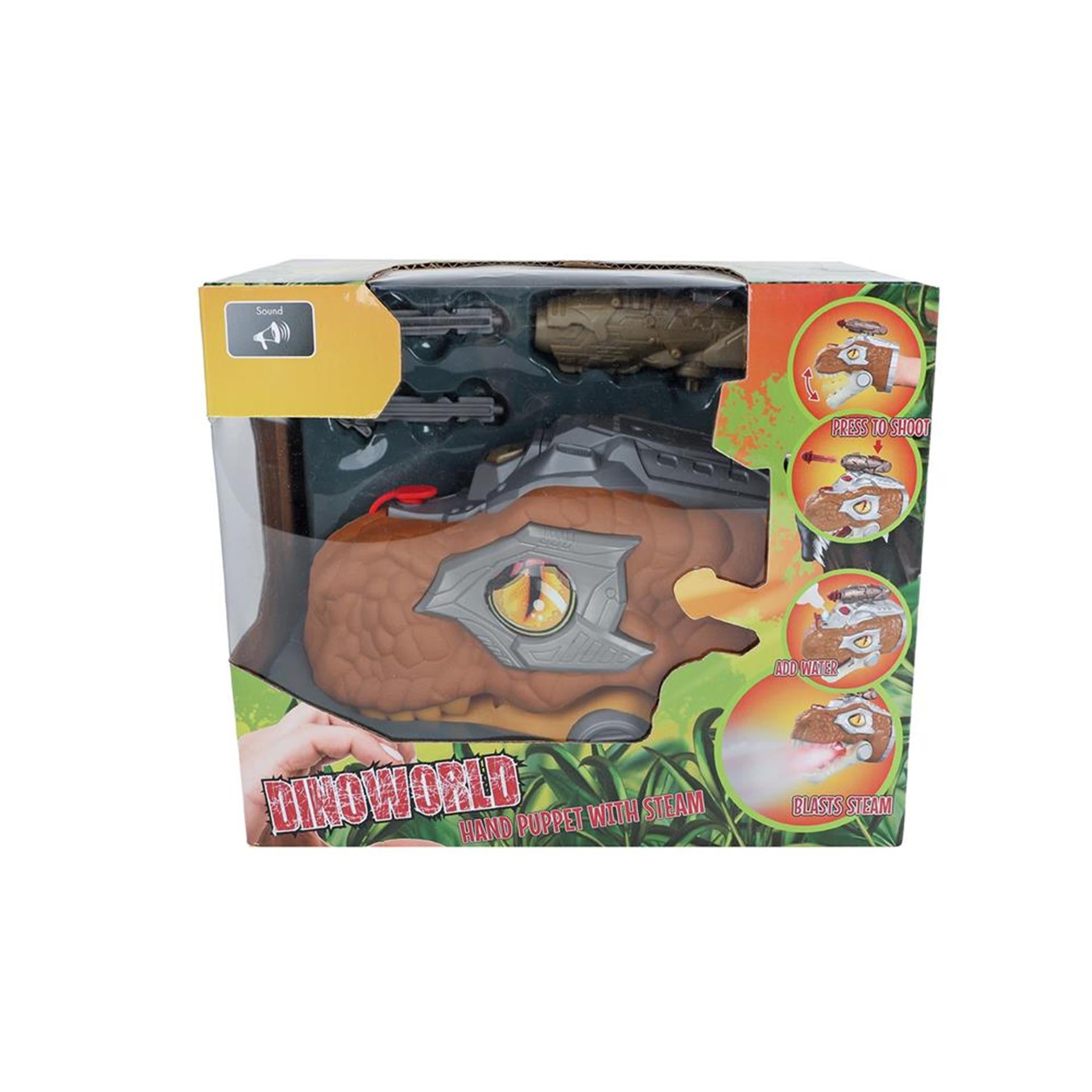 Dinoworld Dinosaurus Hand Puppet avec une lumière et un son à vapeur, 17 cm