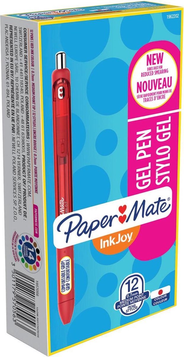 Stylos gel Paper Mate Inkjoy | pointe moyenne (0,7 mm) | rouge | 12 pièces