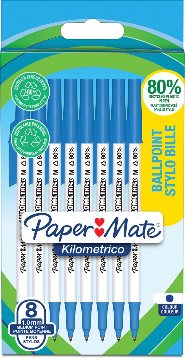 Stylos à bille kilométriques Paper Mate | temps d'écriture long avec pointe moyenne (1,0 mm) | encre bleue | 80 % de plastique recyclé | 8 pièces
