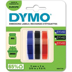 Ruban gaufré original Dymo | 9 mm x 3 m | blanc sur bleu, blanc sur rouge, blanc sur noir | autocollant | pour les fabricants d'étiquettes en ruban gaufré | 3 pièces | fabriqué en europe