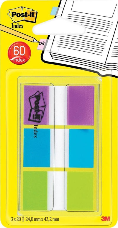 Post-it ® index standard, ensemble portable, violet, bleu, vert, 24 x 43,2 mm, 20 onglets couleur