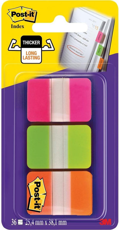 Index Post-it ® fort, rose, vert, orange, 25,4 x 38 mm, distributeur de 12 onglets colorés