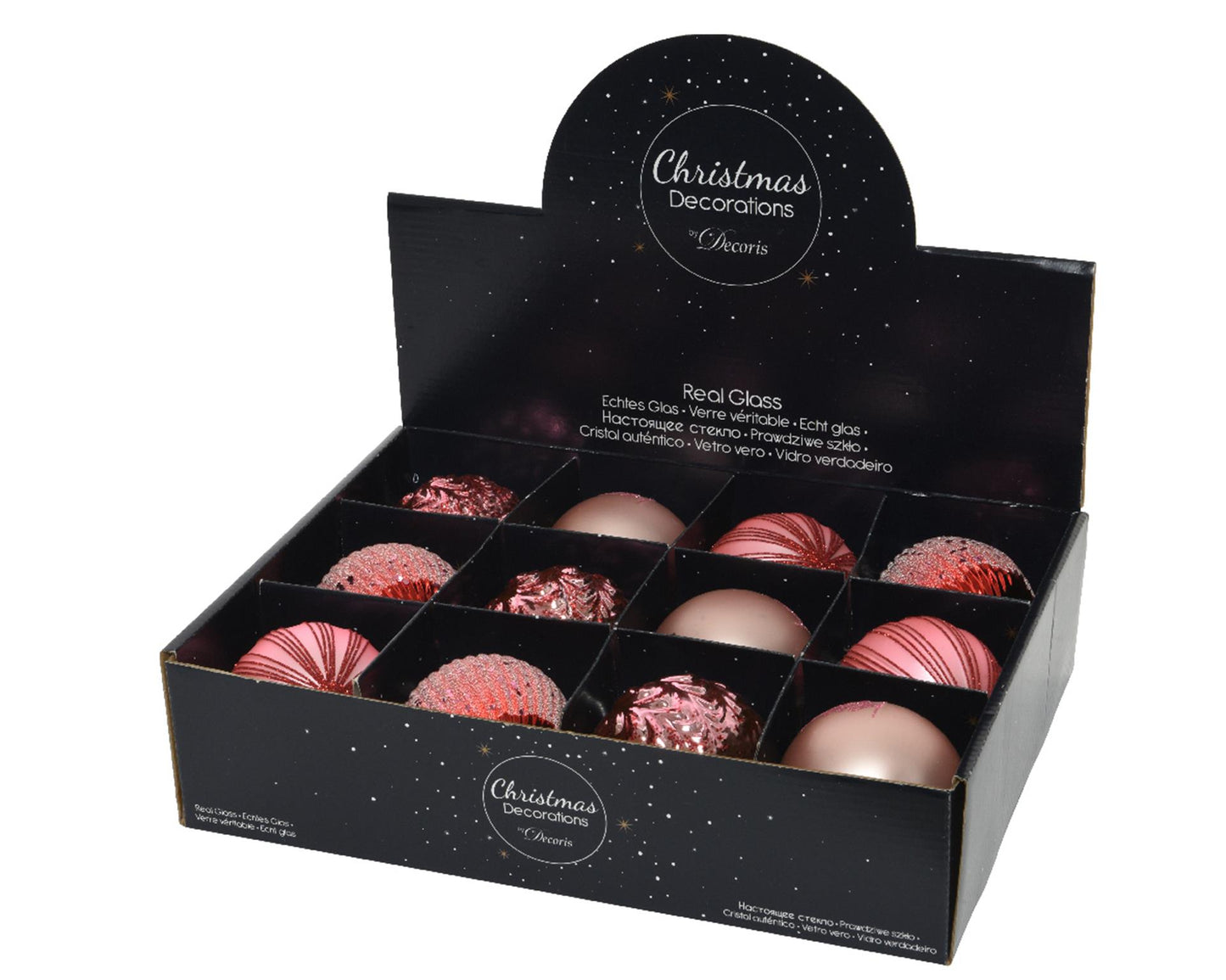 Decoris Boules de Noël mix verre ds a 12 pièces rose