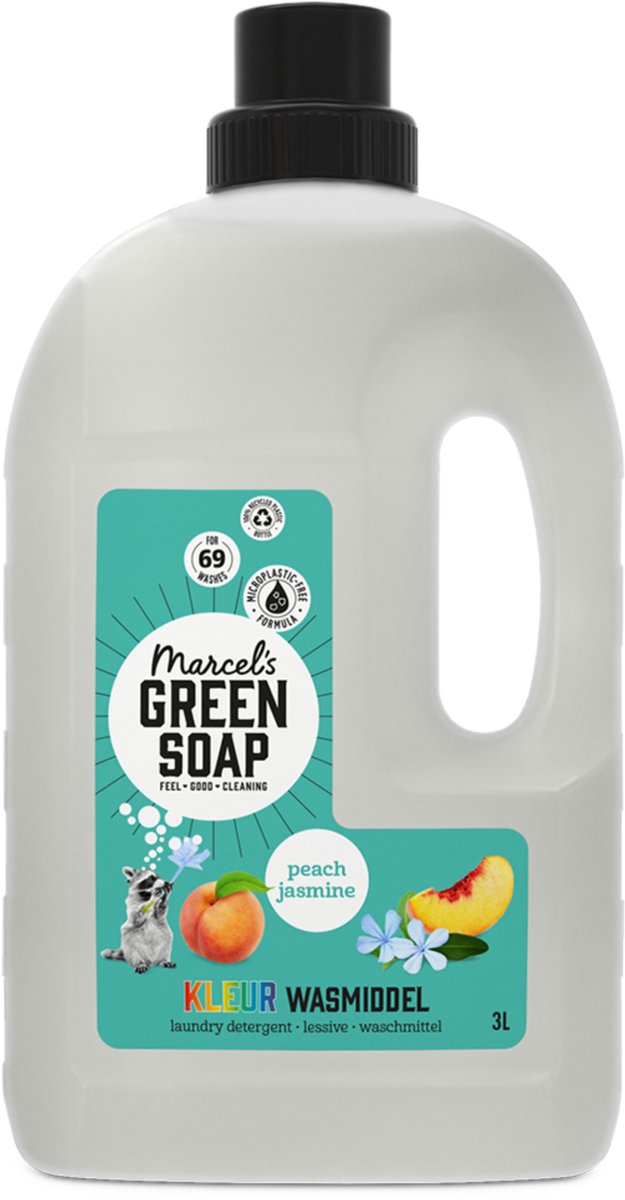 Lessive couleur savon vert Marcel's - vrac - pêche jasmin - 3l - 69 lavages