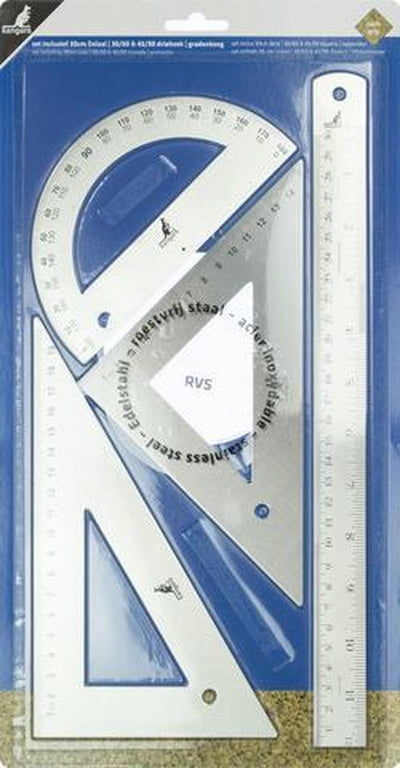 Jeu de règles Kangaro - acier inoxydable - 4 pièces - règle 30 cm + triangle 30 60 + triangle 45 90 + rapporteur - k-760000