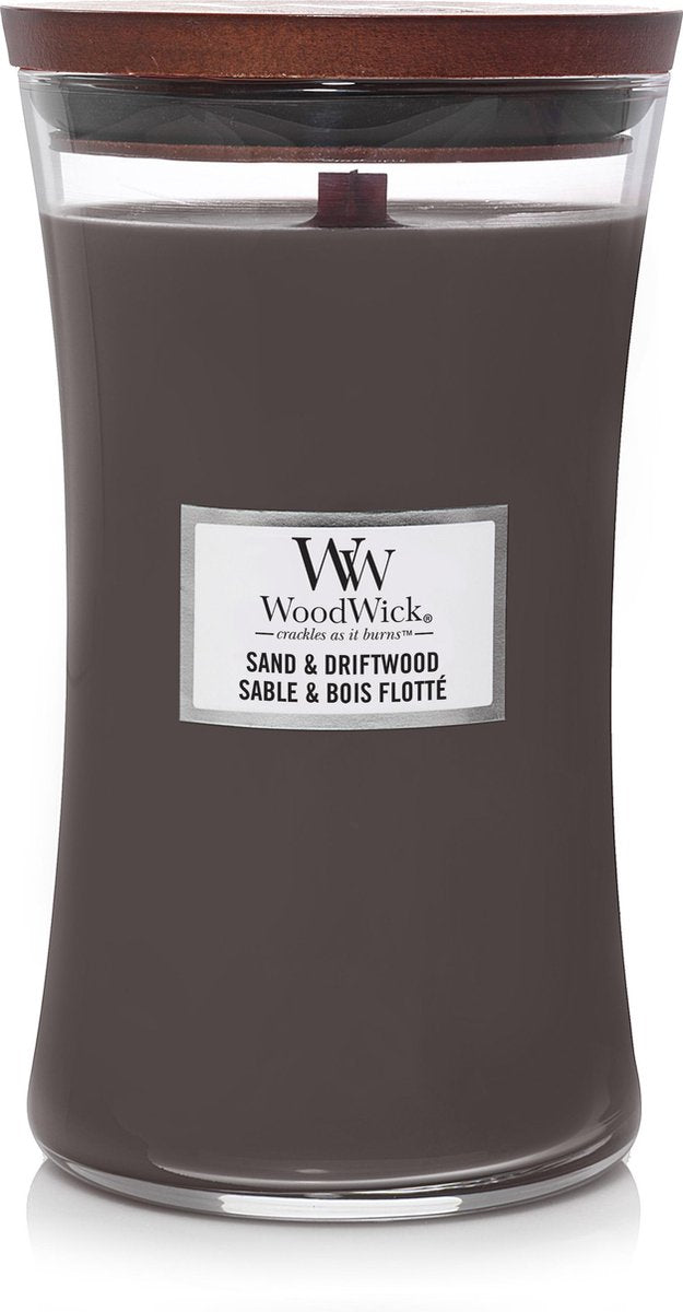 Grande bougie parfumée Woodwick hourglass - bois flotté sable - 130 heures de combustion