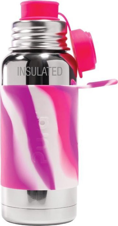 Bouteille de sport Pura thermos 475 ml - gourde - gourde - sans plastique - ne rouille pas - passe au lave-vaisselle - avec manchon de sport et bouchon de sport - dessus interchangeable - polyvalent - rose