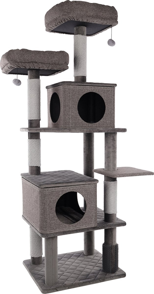 Arbre à chat Flamingo – gris aurore – 80x70x171 cm – arbre à chat de luxe avec abri, panier jouets – meuble pour chat avec brosse de massage en corde à gratter – pour toutes les races de chats