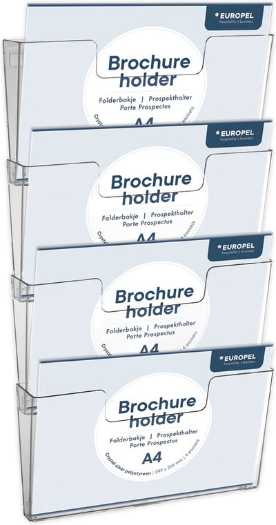 Présentoirs à brochures Europel multiples - dépliants, dossiers, cartes de visite - 4x A4 paysage - 29,7 x 21 cm - présentation cristalline - salons et bureaux - 4 parties séparées à monter au mur et à agencer soi-même
