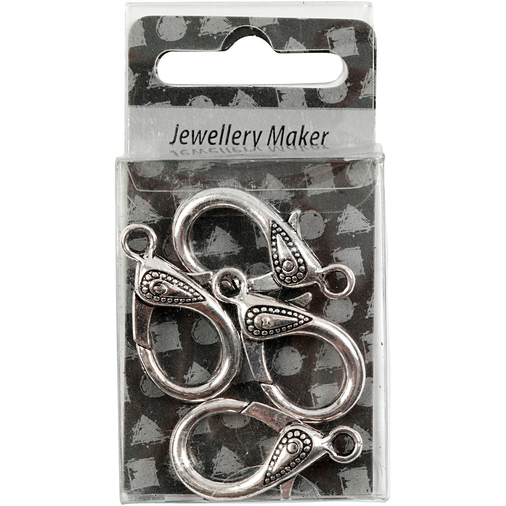 Fermoir mousqueton Creativ Company, L : 30 mm, diamètre du trou 3 mm, argent antique, 4 pièces 1 boîte