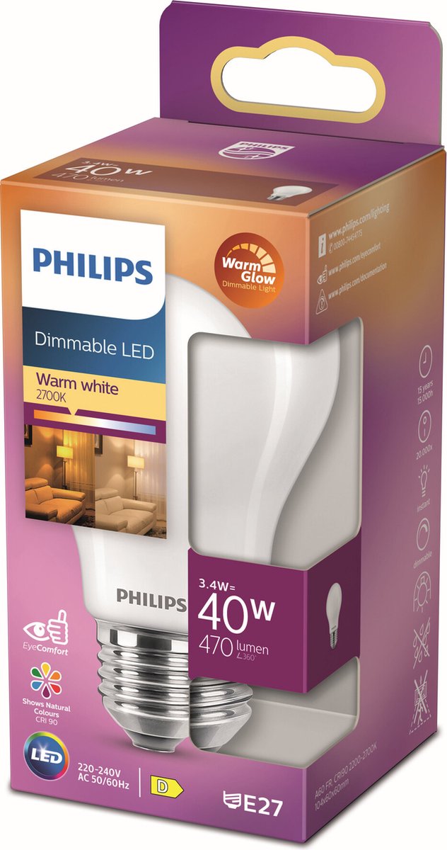Lampe LED Philips mate - 40 W - E27 - lumière blanc chaud dimmable