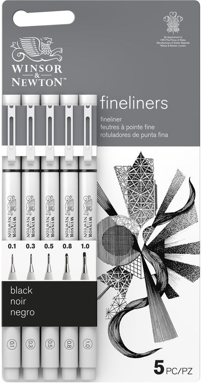 Winsor Newton Fineliner Set Noir – 5 tailles de plume (0,1 à 1,0 mm) – Encre pigmentée résistante à l'eau pour le dessin et l'esquisse