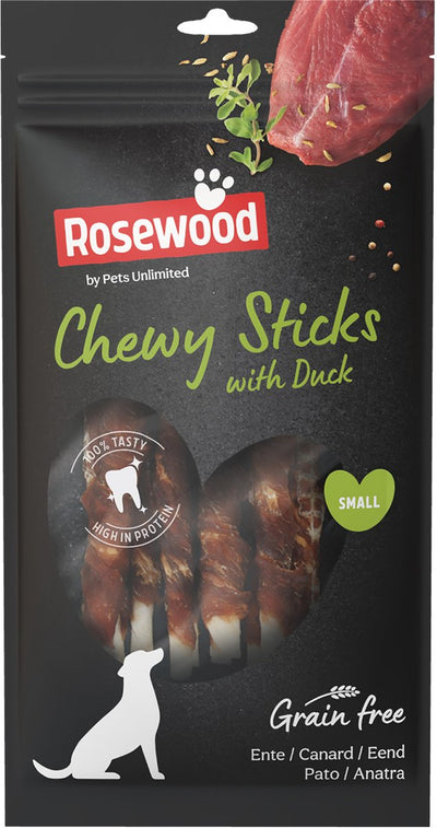 Bâtonnets à mâcher en bois de rose canard petit – bâtons à mâcher robustes pour chiens – peau de vache avec canard – soutient les dents – 6x 100 g