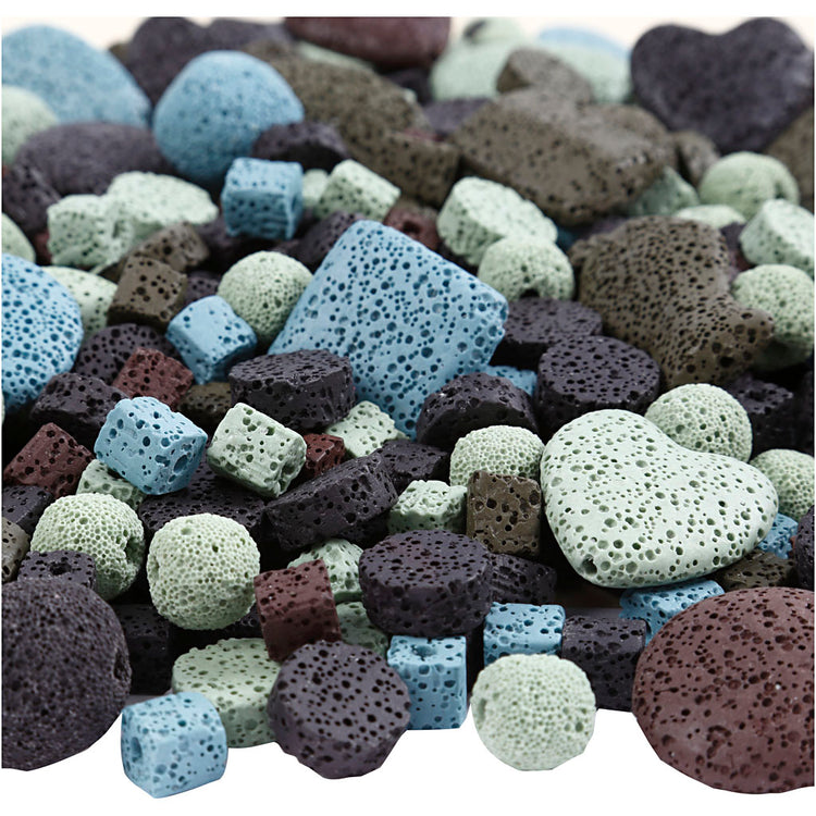 Perles de lave Creativ Company, taille 6-37 mm, taille du trou 1+2 mm, le contenu peut varier, env. 890 pièces, couleurs variées, 20 tours 1 boîte