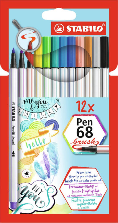 Stabilo pen 68 - feutre pinceau premium - avec pointe pinceau flexible - étui de 12 couleurs différentes