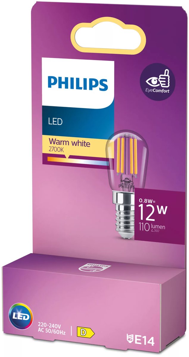 Lampe LED Philips - Forme de lampe T25 - Lampe de réfrigérateur avec culot E14 - Lumière blanc chaud : 2700k - 12w - Verre transparent