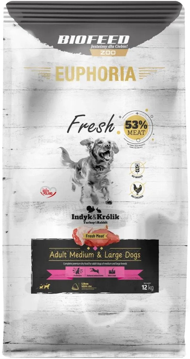 Biofeed euphoria series - nourriture sèche pour chiens moyens et grands - dinde et lapin - 12kg