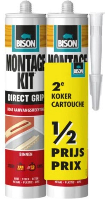 Kit de montage Bison tube à prise directe 2x 370 g, emballage duo, 2ème tube à moitié prix, extra fort, adhérence initiale élevée, colle de montage, montage, haute résistance finale, intérieur et extérieur, facile à utiliser