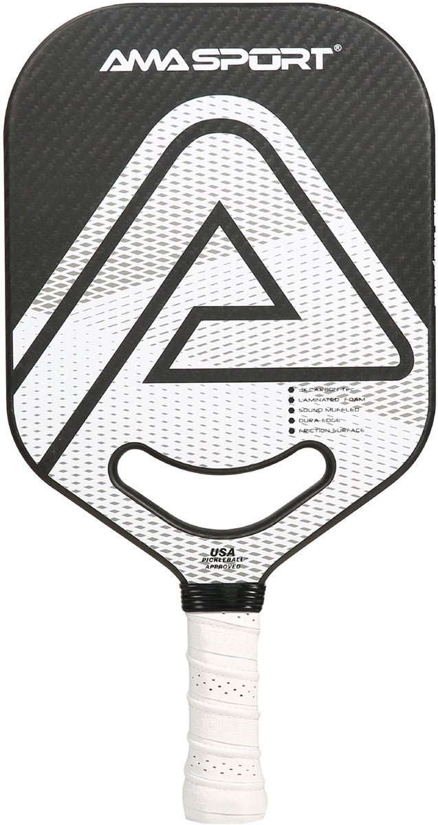 Pagaie de pickleball Ama sport pp002-3kw blanc noir – surface en carbone 3k – noyau 20 mm – gorge dynamique aéro-duraedge air –