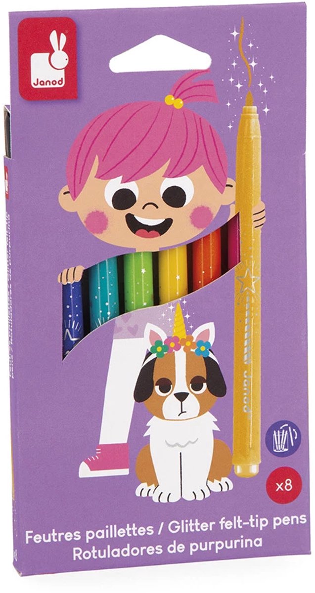 Janod - colo - feutres pailletés - lot de 8 couleurs différentes