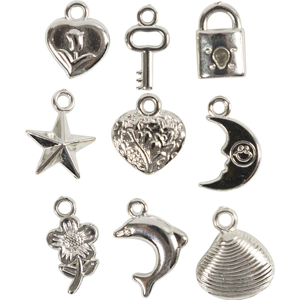 Breloques en argent Creativ Company, taille 15-20 mm, diamètre du trou 3 mm, env. 200 pièces, 80 grammes 1 boîte