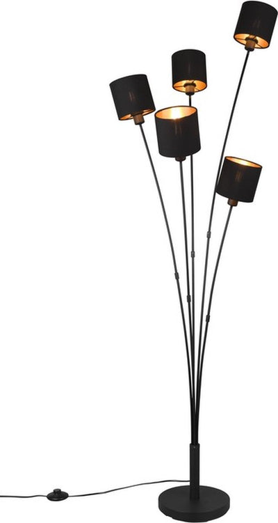 Rl live your light reality tommy - lampadaire - noir - excl. 5x e14 - interrupteur au pied - h163cm - abat-jour noir or