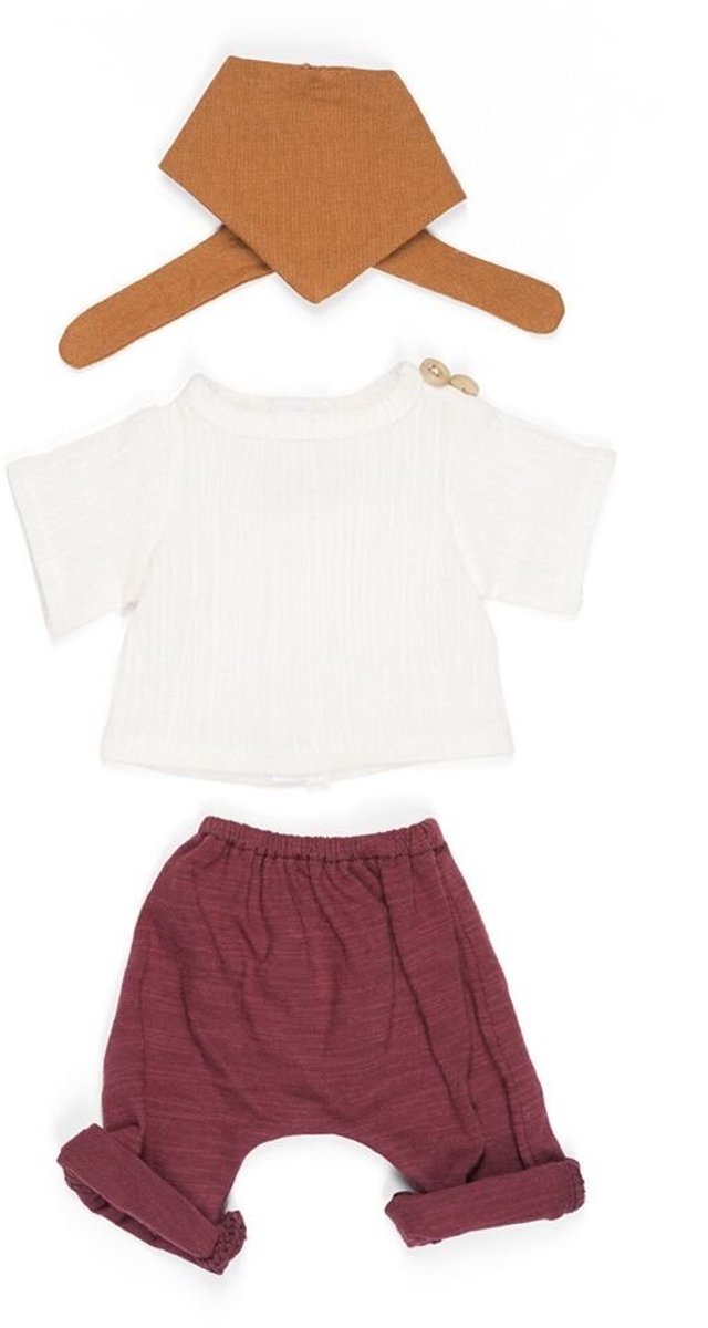 Poupées Miniland ml : ensemble de vêtements bordeaux blanc pour garçon 32cm, 3 pièces, pull, pantalon et écharpe, avec cintre, 3+