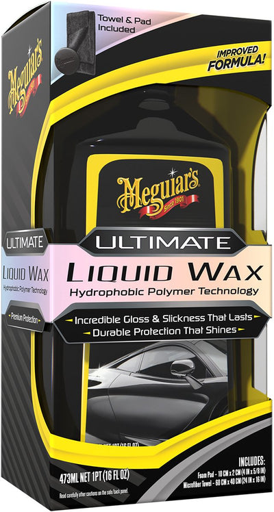 Meguiar's Ensemble Meguiar's Ultimate Liquid Wax 473 ml - Ensemble de cire pour voiture 3 pièces - reflet brillant miroir - avec chiffon en microfibre applicateur