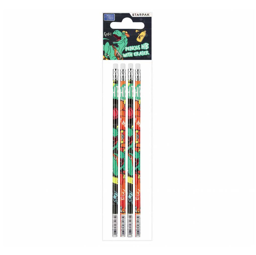 Crayon HB avec gomme skate dino, 4 pcs.