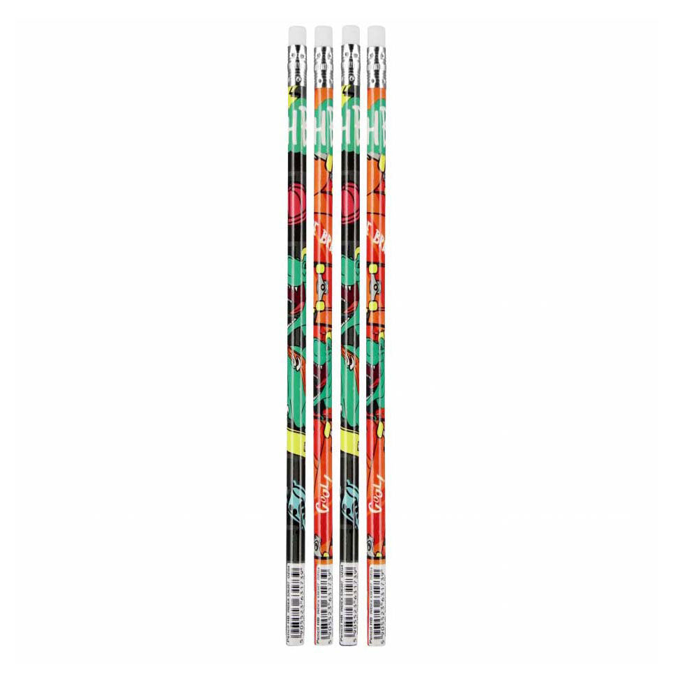 Crayon HB avec gomme skate dino, 4 pcs.