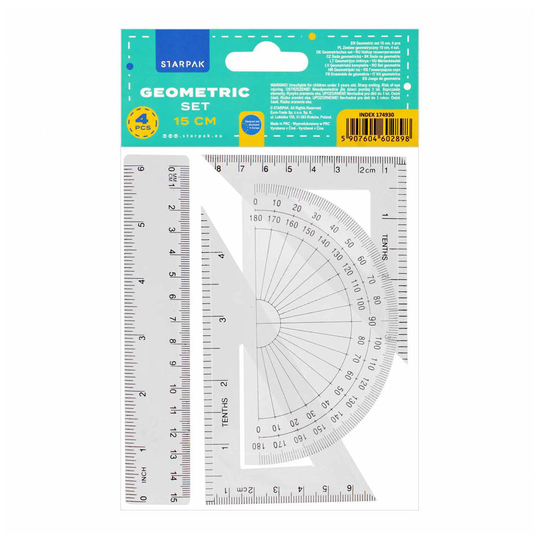 Jeu de géométrie 15 cm, 4 pièces.