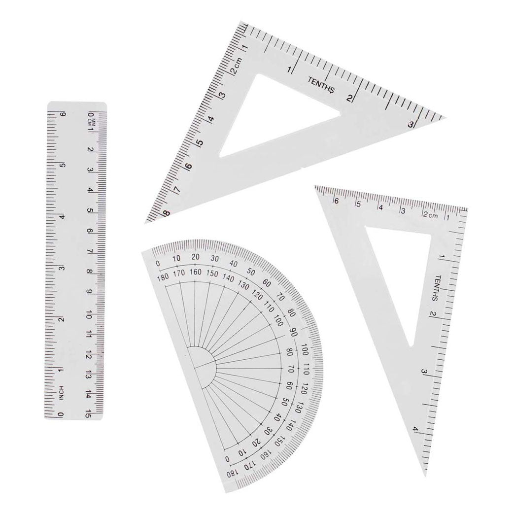 Jeu de géométrie 15 cm, 4 pièces.