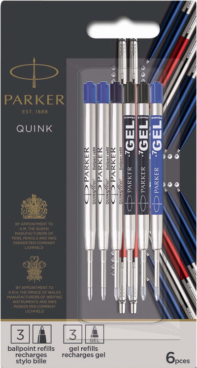Pack Parker Jotter London Discovery composé de recharges pour stylo bille et stylo gel : 3 recharges quinkflow pour votre stylo bille et 3 recharges gel quink