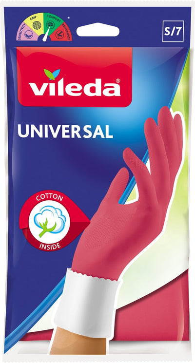 Vileda universal - gants de ménage - taille s - 1 paire - rose - doublure en coton - caoutchouc 100% naturel