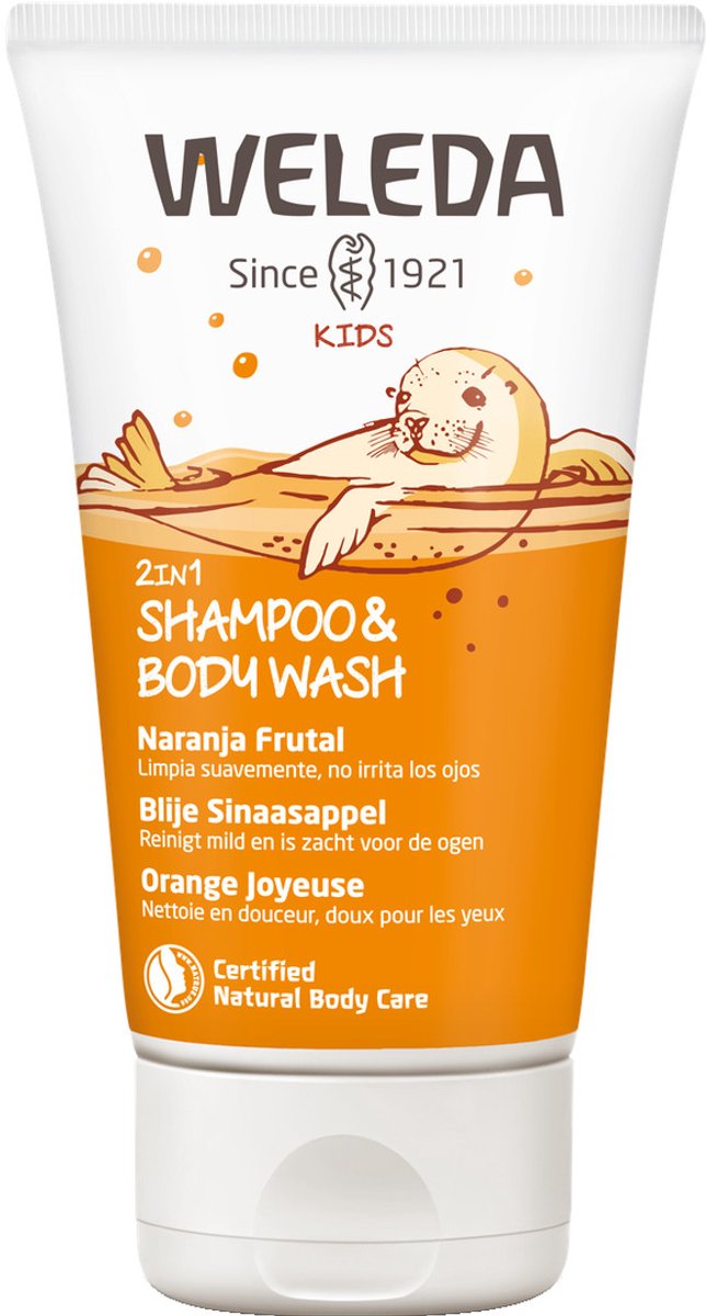Weleda kids shampoing nettoyant corps 2 en 1 - orange - nettoie en douceur la peau et les cheveux - nettoie les yeux en douceur - ingrédients 100% naturels - 150 ml