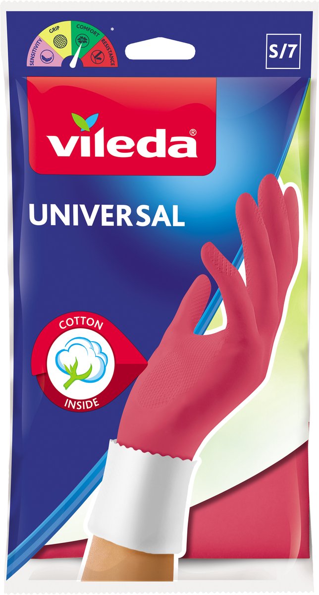 Vileda universal - gants de ménage - taille s - 1 paire - rose - doublure en coton - caoutchouc 100% naturel