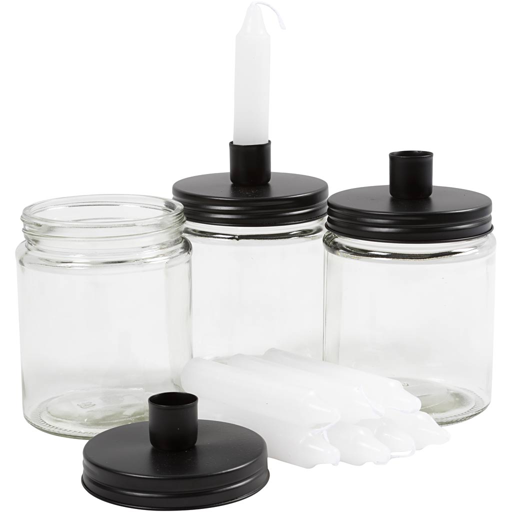 Pot avec chandelier et bougies, h: 15 cm, d 9,5 cm, dim 15 cm, 6 set 1 boîte