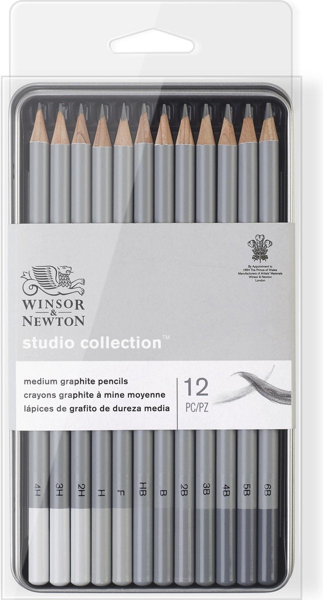Winsor Newton 0490008 Studio Collection Ensemble de crayons graphite moyens x12 – Crayons à dessin pour croquis 4h-6b dans une boîte en métal