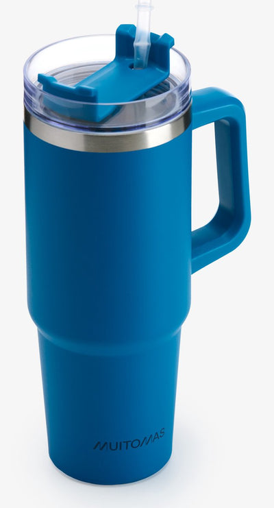 Mug de voyage Muitomas - mug de voyage - double paroi isolée - anse en paille pratique - 900 ml - bleu