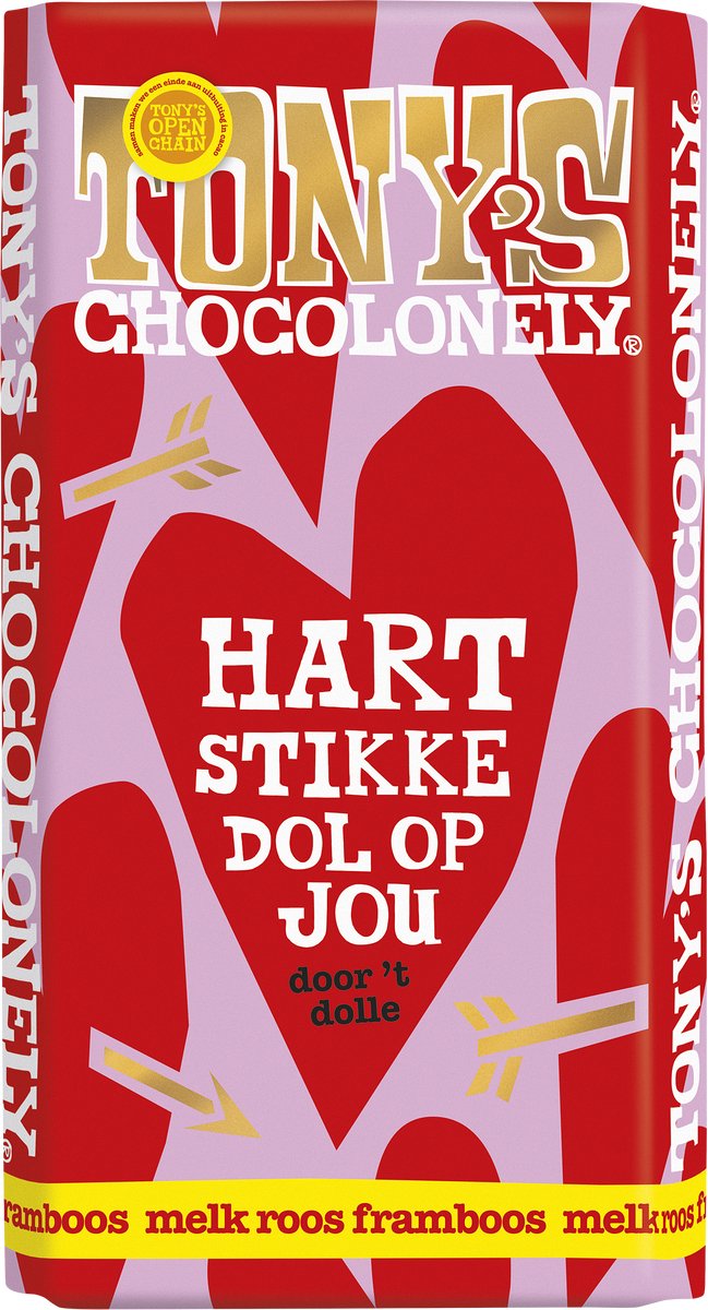 Barre de chocolat sucrée Chocolonely Tony's - Cadeau chocolat - Framboise rose au lait - Coeur - 180 grammes