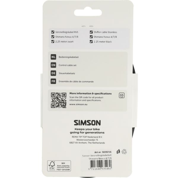 Jeu de câbles de vitesses Simson Shimano Nexus 4 7 8 acier inoxydable noir
