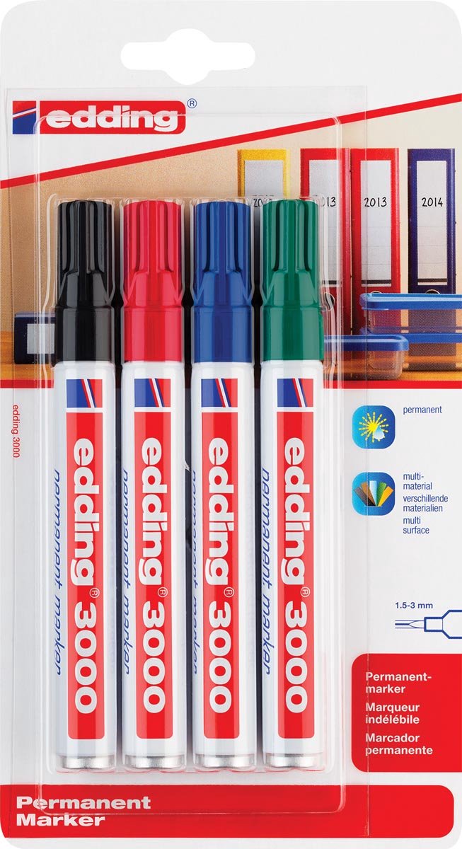 Marqueur permanent Edding 3000 - noir, rouge, bleu, vert - 4 marqueurs - pointe ronde 1,5-3 mm - résistant à l'eau et à l'abrasion - pour carton, plastique, bois, métal... - marqueurs à alcool pour adultes