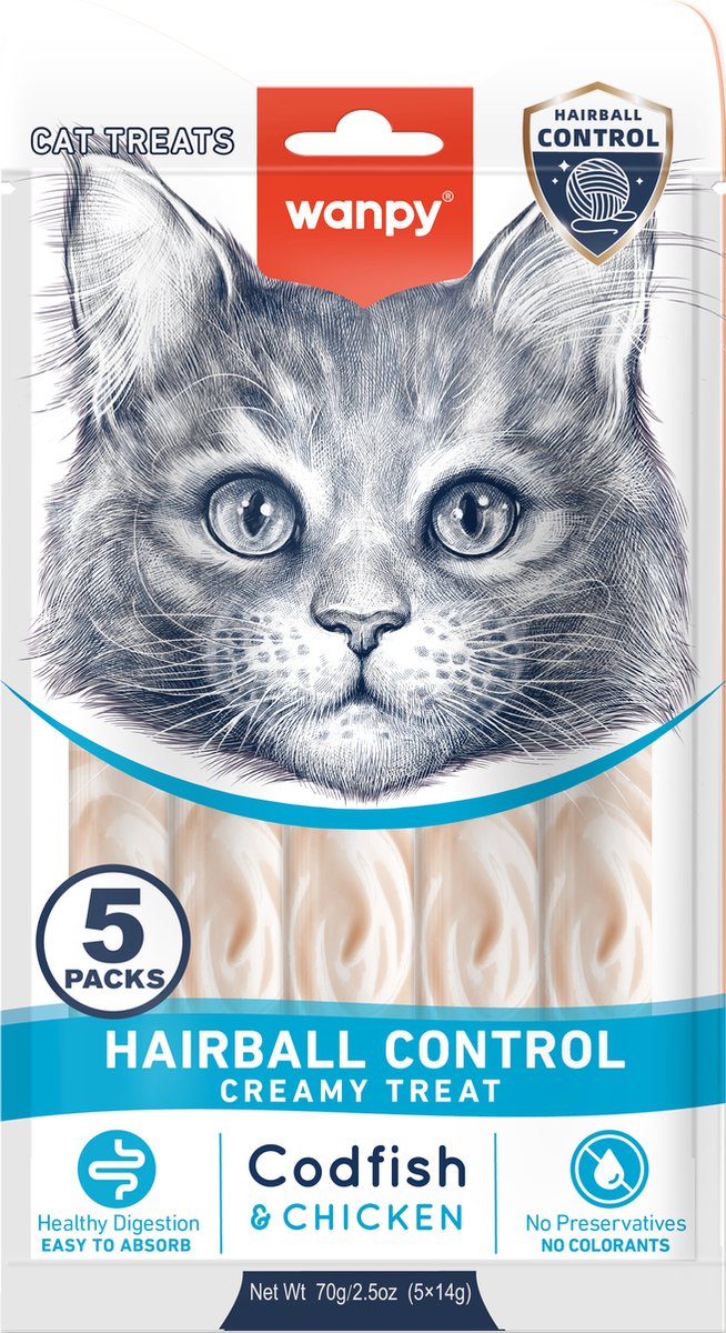 Wanpy - snack à lécher avec fonction - poulet à la morue - contrôle des boules de poils - 5 x 5 bâtonnets de 14 grammes