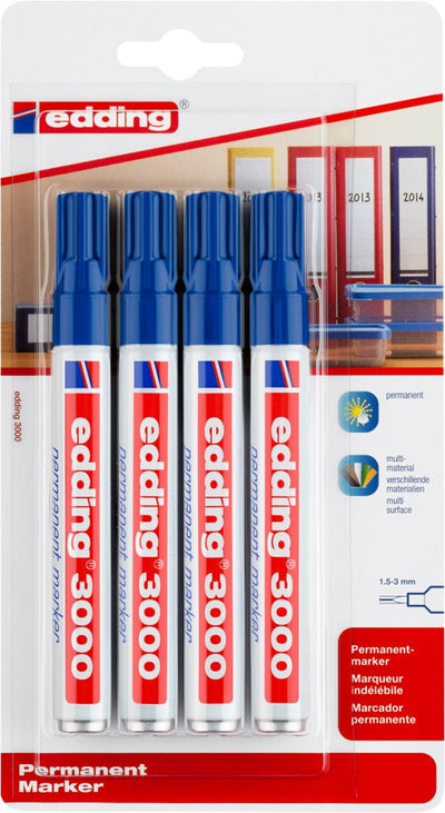 Marqueur permanent Edding 3000 - bleu - 4 marqueurs - pointe ronde 1,5-3 mm - résistant à l'eau et à l'abrasion - pour carton, plastique, bois, métal... - marqueurs à alcool pour adultes
