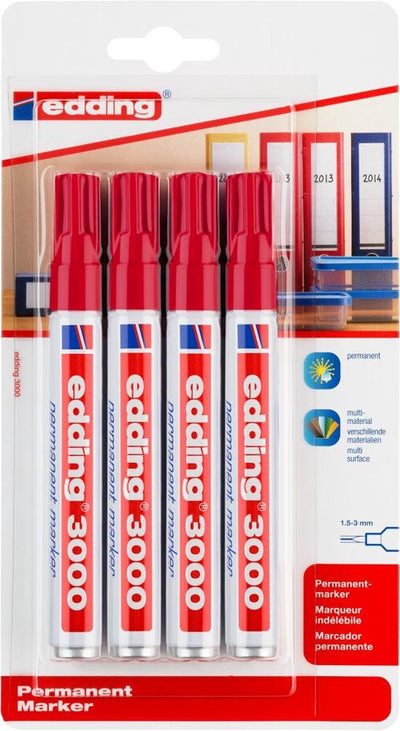 Marqueur permanent Edding 3000 - rouge - 4 marqueurs - pointe ronde 1,5-3 mm - résistant à l'eau et à l'abrasion - pour carton, plastique, bois, métal... - marqueurs à alcool pour adultes