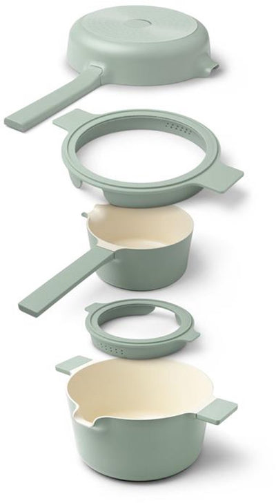 Brabantia - Ensemble de poêles empilables compacts 5 pièces - Ensemble de casseroles 5 en 1 peu encombrant - Sans PFA - Convient pour l'induction - Passe au four - Couleur tendance vert jade