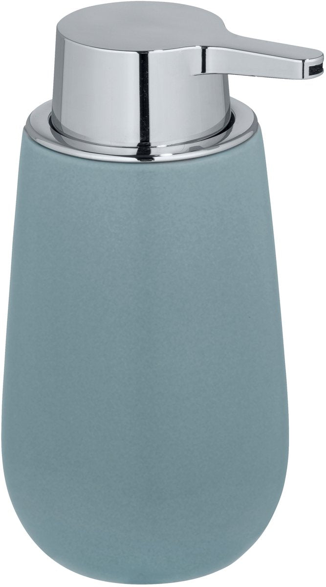 Wenko distributeur de savon badi bleu-gris céramique mat 320ml - pompe à savon sur pied et rechargeable - salle de bain WC cuisine