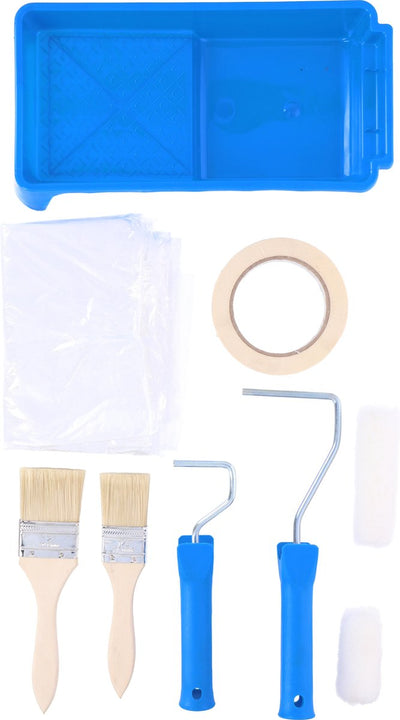 Kit de peinture Kinzo - 9 pièces : film de masquage, ruban de peintre, bac à peinture, pinceaux, rouleaux à peinture, supports de peinture